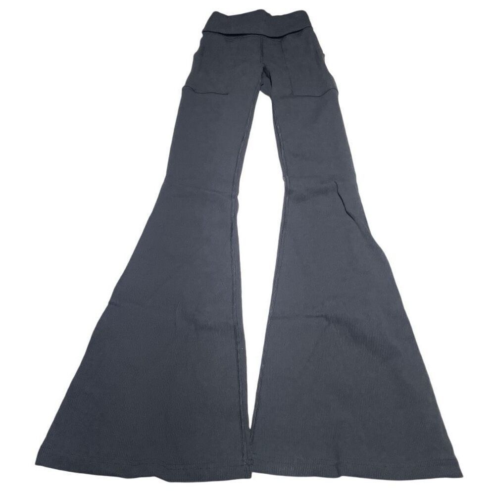 Aerie Offline Black Ribbed Pocket Foldover Flare Leggings